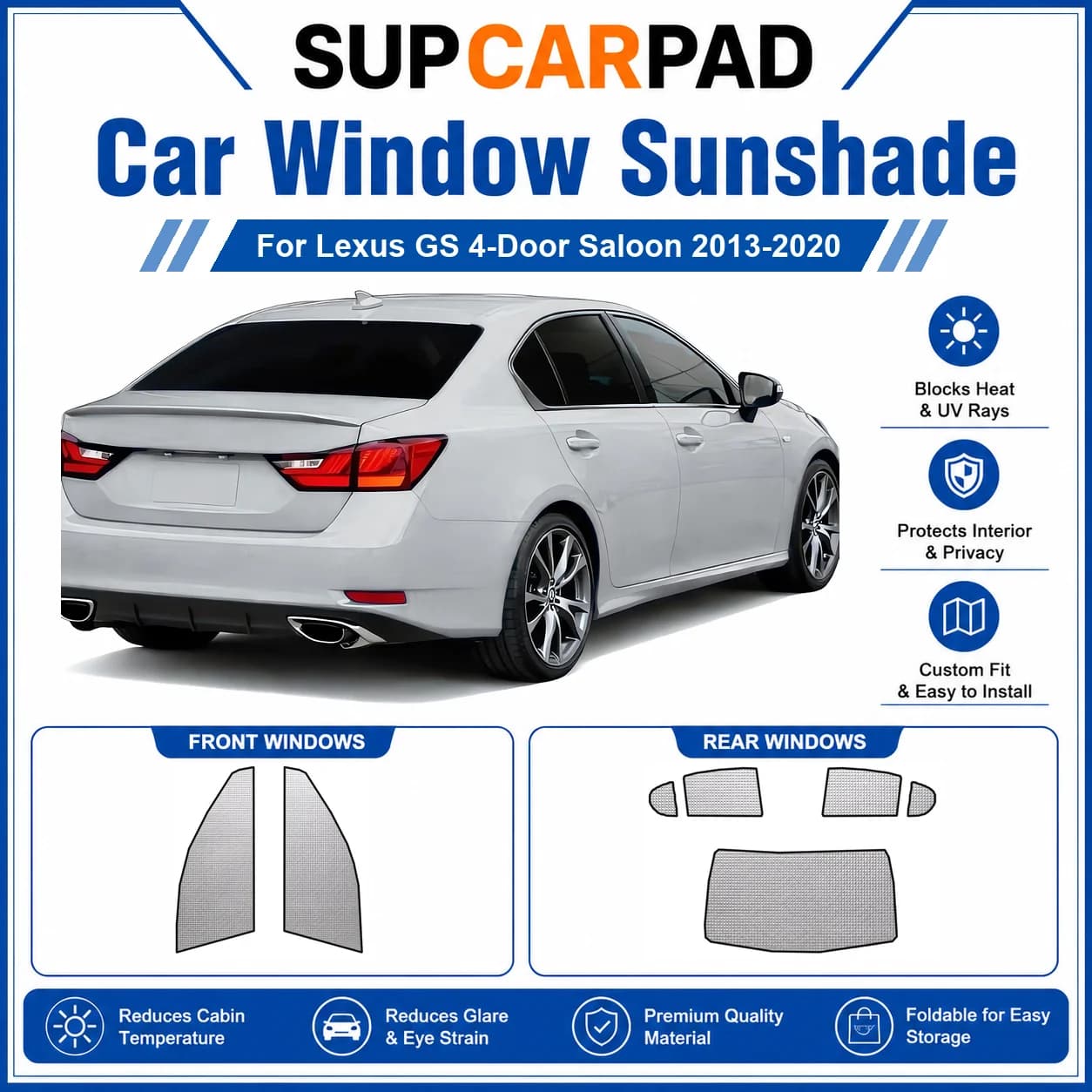For Lexus - Lexus GS 4-Door Saloon 2013-2020 Full Set Car Window Sunshades UV Block Privacy Heat Insulated Foldable Car Curtain
