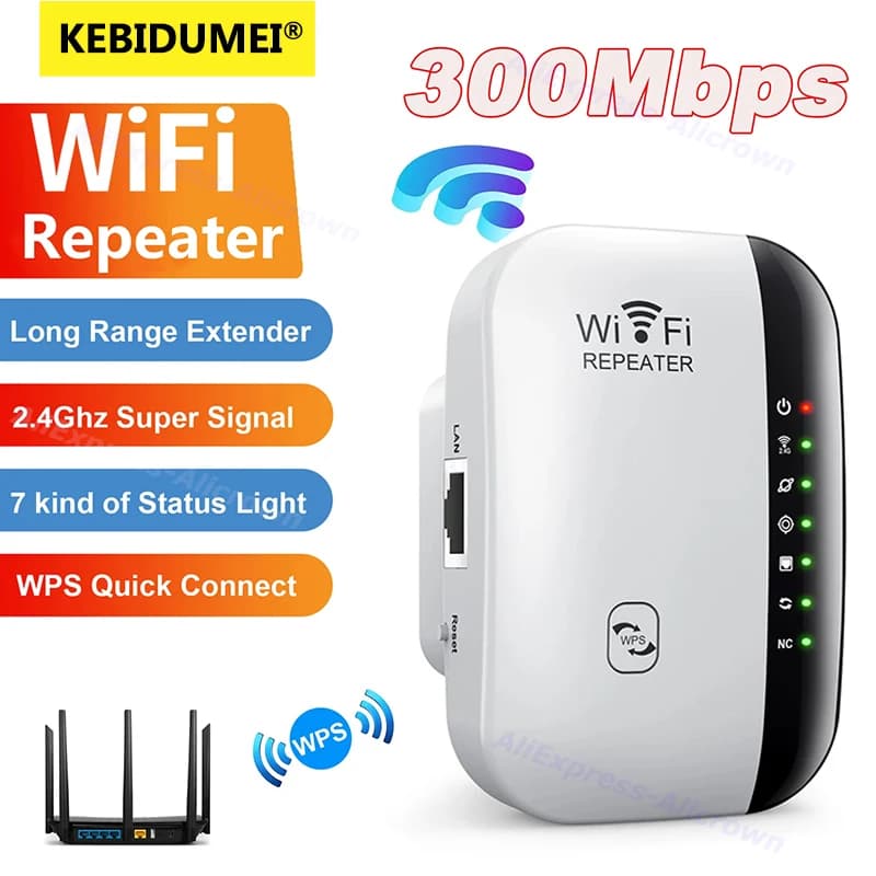 kebidumei Ripetitore Wi-Fi 300Mbps, Amplificatore di Segnale Wi-Fi Remoto 802.11N, Amplificatore di Rete con 4/7 Luci, Ripetitore Wireless