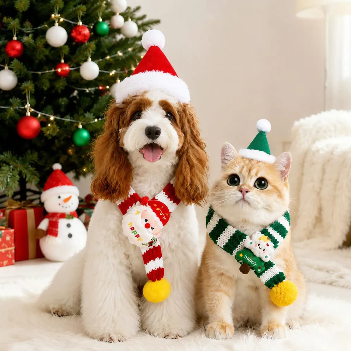 2026 Pet knitted striped Christmas scarf, cartoon Christmas tree, old man's scarf, red and green hat set, cats and dogs
