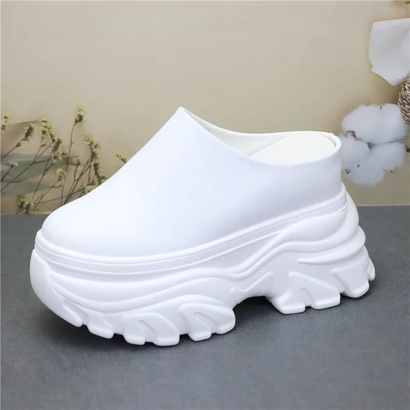 Muli con cinturino alla caviglia slip-on senza schienale di larghezza larga Tacco con plateau da 12 cm Tomaia in vera pelle Calzature comfort alla moda per donna