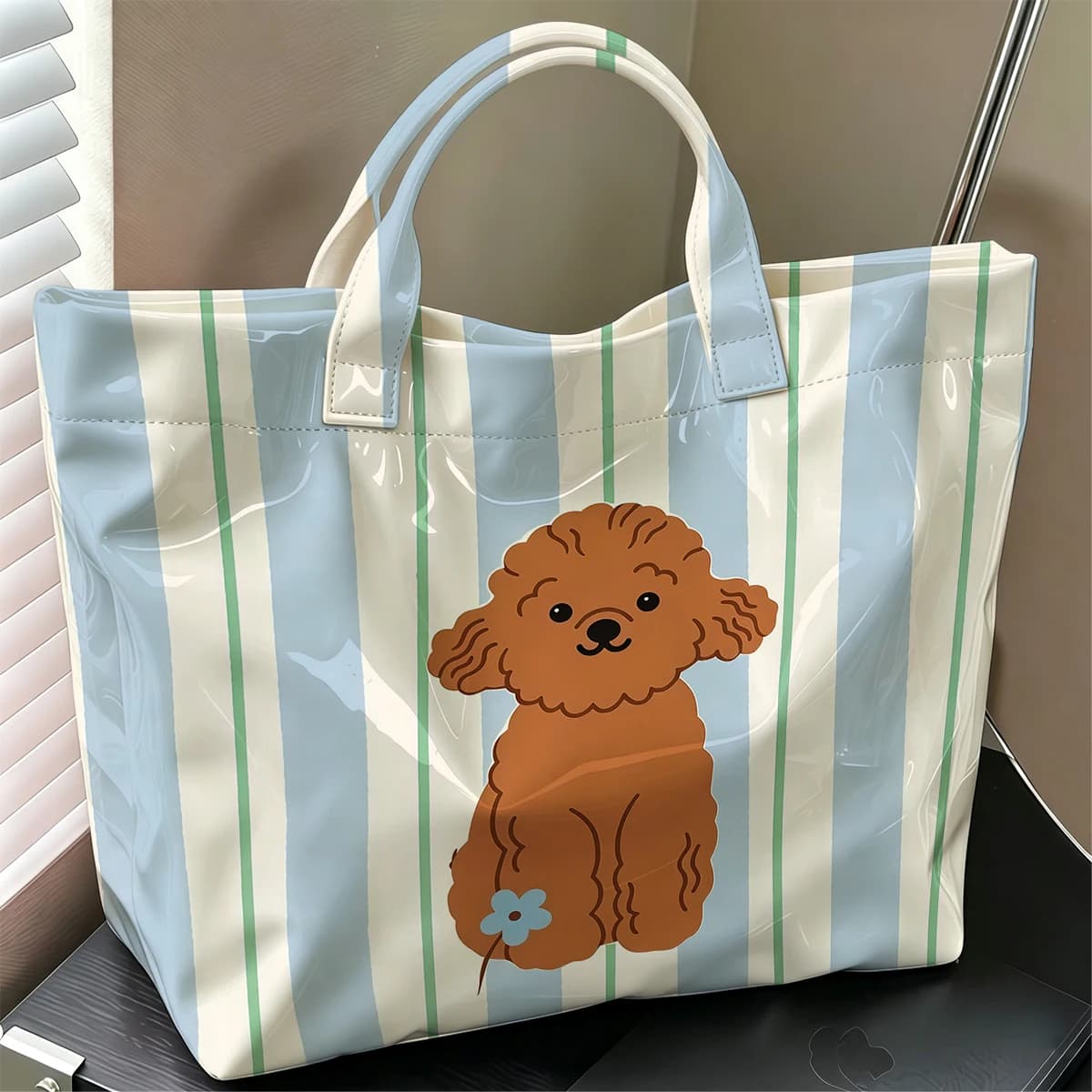 Poodle Dog Cute Large Glossy PVC Tote Bag Hand Washable Lightweight Soft Great for Travel Commute Makeup Storage Handbags
