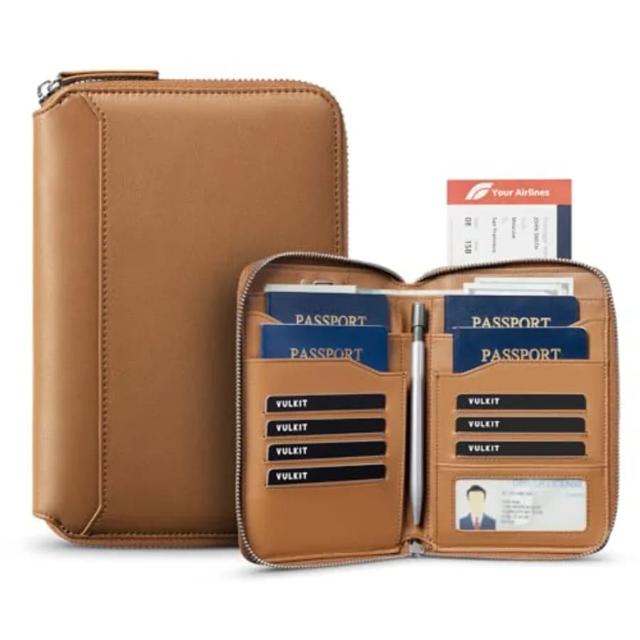 Porta Passaporti in Pelle per 4-8 Passaporti, Portafoglio Familiare con Blocco RFID e Cerniera, Organizzatore Documenti da Viaggio per Uomo