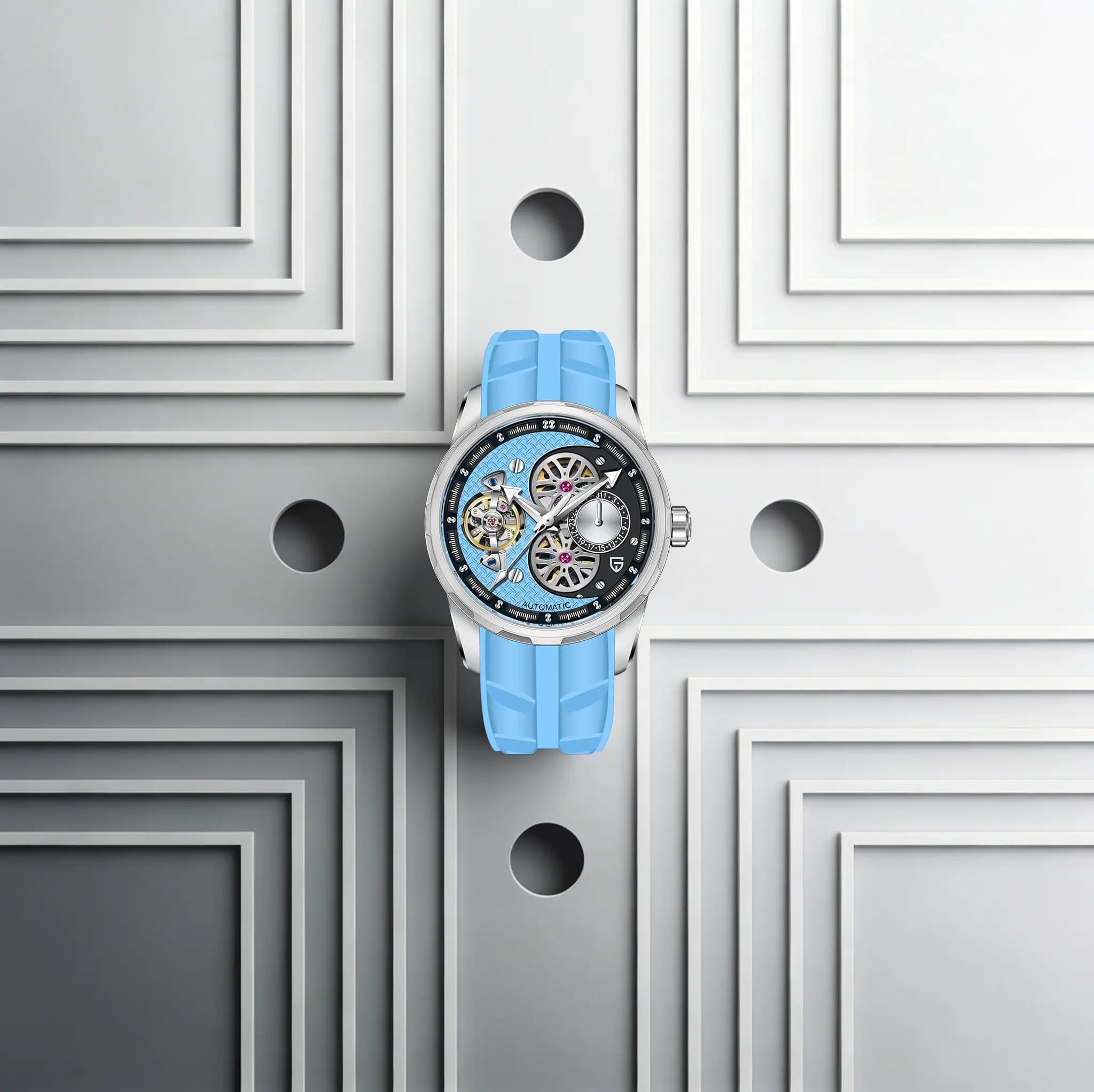 Orologio Meccanico da Uomo PAGANI DESIGN Artistico ed Elegante, Tourbillon in Zaffiro, Cinturino in Gomma, Subacqueo 100m, Calendario, Luminoso