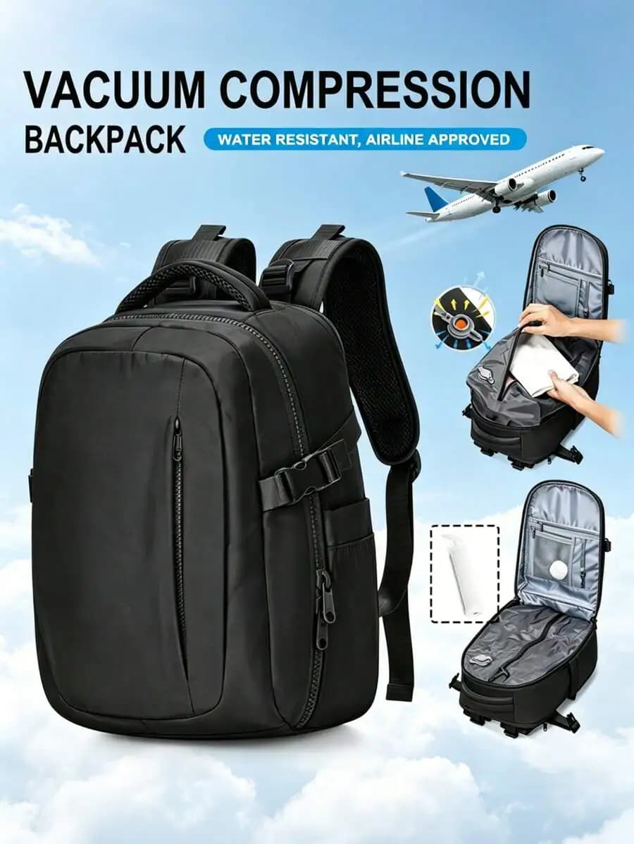 40*30*20 cm vacuum-compressed large-capacity travel backpack, airline-compliant carry-on luggage size, waterproof fabric multi-compartment laptop backpack, shipped with a manual air pump