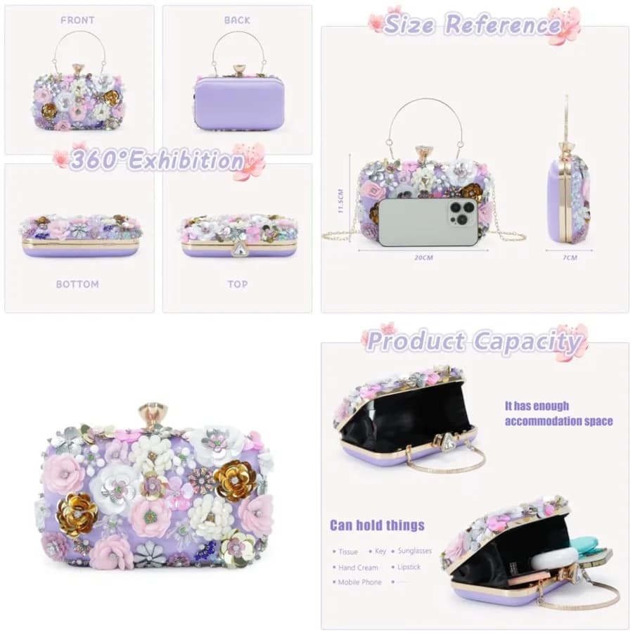 Pochette da Donna con Fiori, Borsa da Sera con Tracolla a Catena