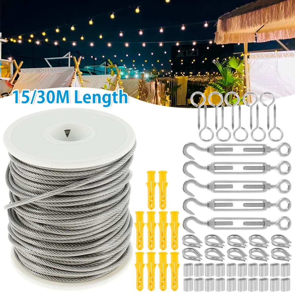 15M/30M Metal Cable Stainless Steel Corda Heavy Duty Metal Cable Wire Reinforcement Roller Kit for Garden Rail for Cleaning Outdoor Tent