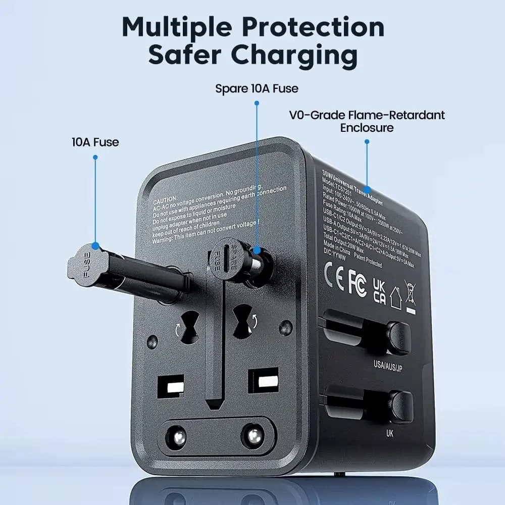 Adattatore per caricabatterie da viaggio da 30 W Convertitore CA universale 2USB-C e USB-A a ricarica rapida Adattatore di alimentazione GaN multifunzionale per UE/Regno Unito/USA/AU