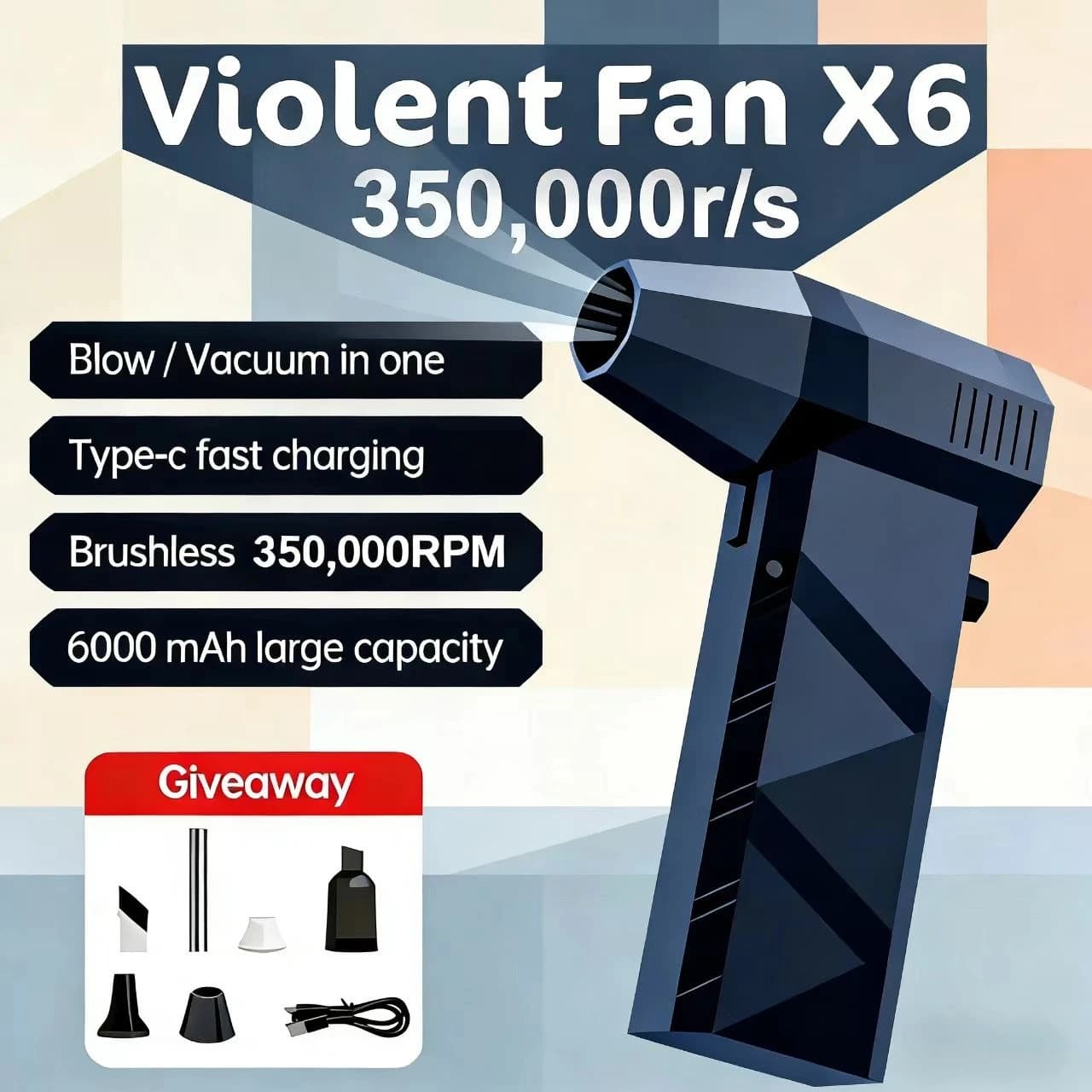 350.000 giri/min X6 Ventilatore d'aria Potente aspirapolvere per polvere Ricarica rapida Vento forte Ventilatore violento senza spazzole per la pulizia dell'auto/computer