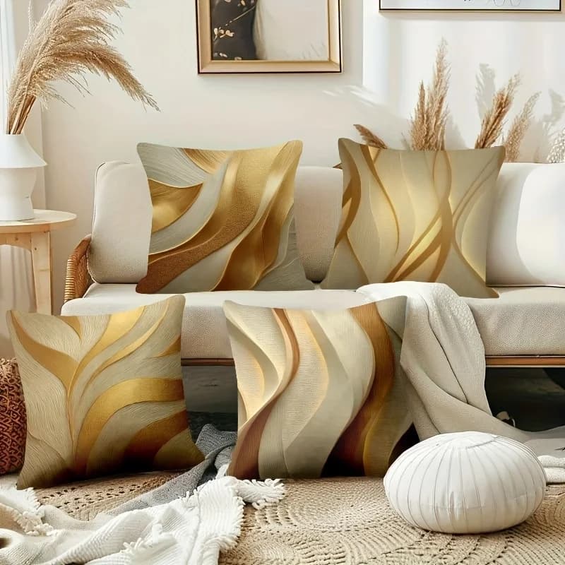 Set di 4 Copricuscini Moderni di Lusso Dorati, Federe Decorative Eleganti a Doppia Faccia per Divano e Patio
