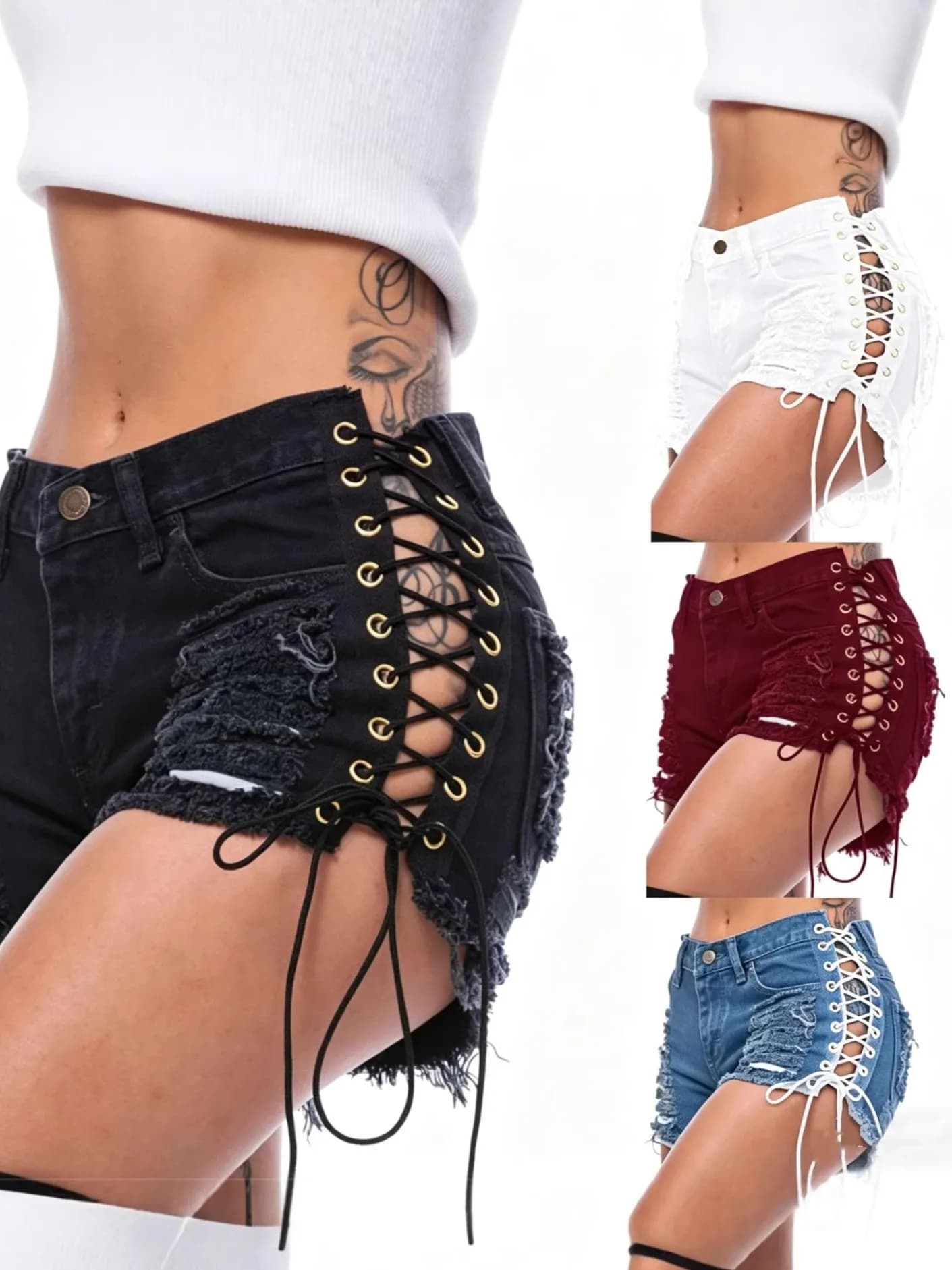Shorts in denim di cotone a vita bassa, strappati, con orlo sfrangiato, pantaloncini corti blu, mini shorts bianchi con lacci