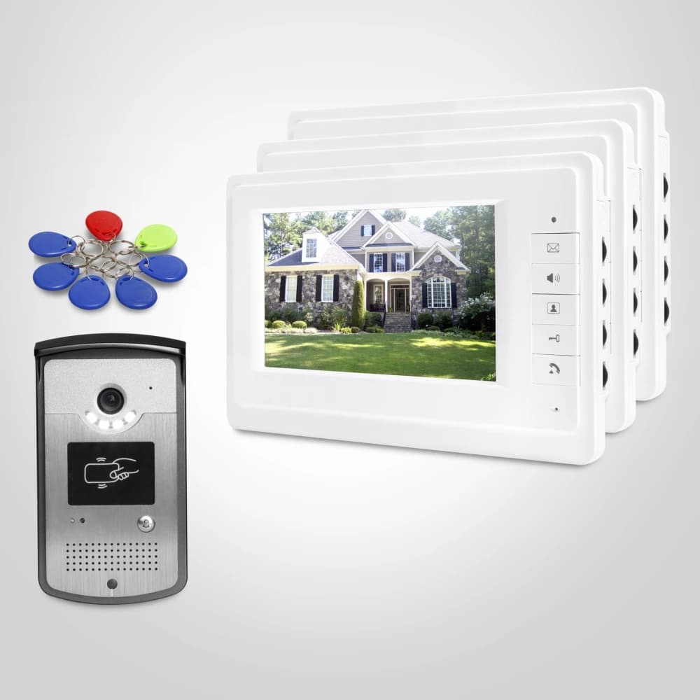 7inch Video Door Entry Call System with Keyfobs Unlocking Camera 3pcs Indoor Monitors for House/ Flat