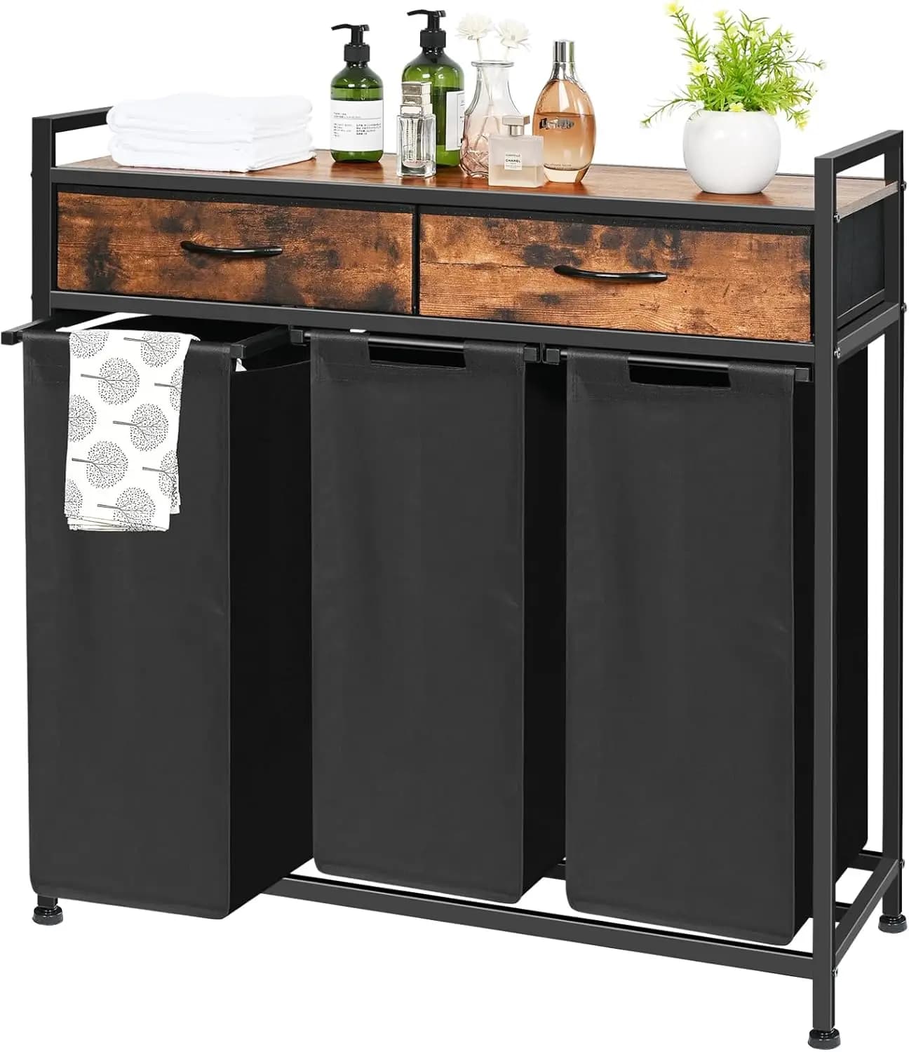 Organizzatore per Bucato da 180L con 3 Scomparti, Ripiano e 2 Cassetti, Carrello Portabiancheria con Sacchi Rimovibili, Stile Rustico