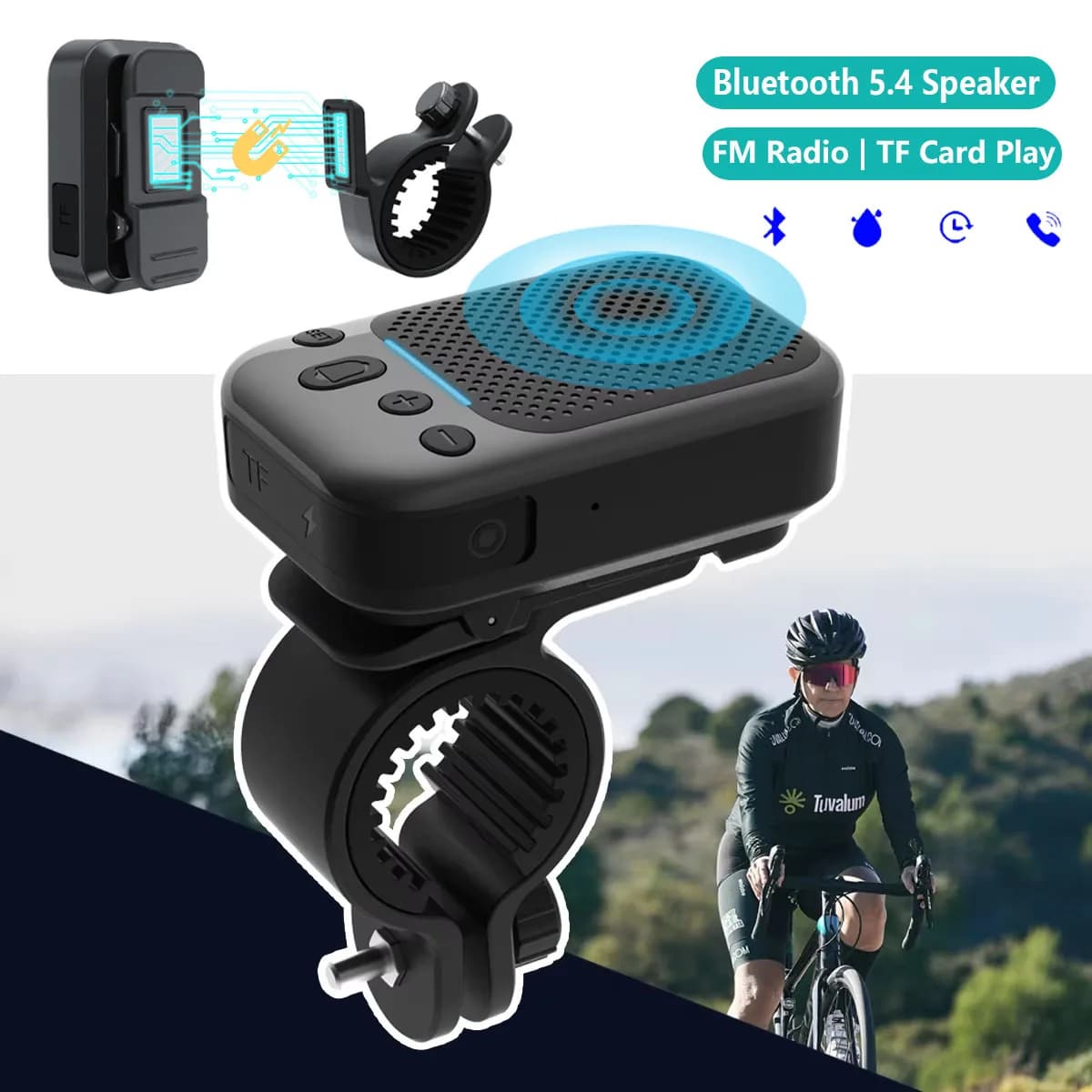 Mini altoparlante wireless per bici Bluetooth 5.4 radio FM portatile IPX7 impermeabile antiurto Oudtoor collare-clip altoparlante riproduzione di schede TF