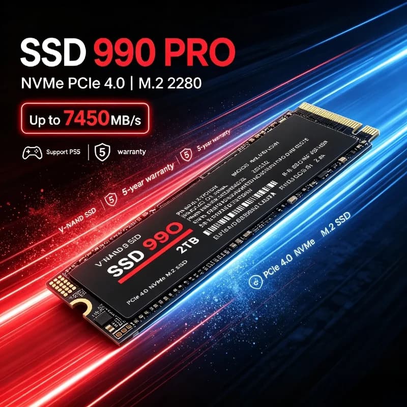 New 990 PRO PCIe Gen4 NVMe M.2 2280 SSD 512GB‑4TB, Max 7450MB/s SSD, Heavy‑Duty Storage for Gaming & Video Editing PC