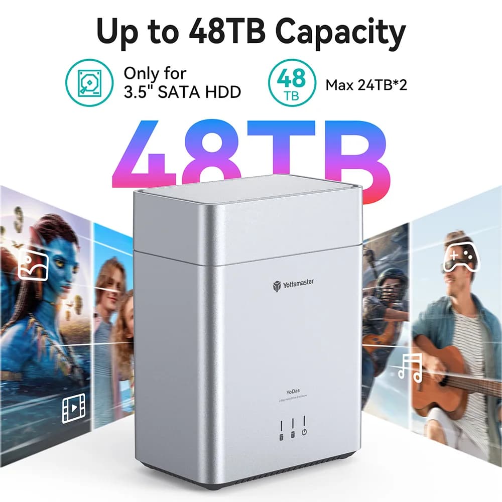 Yottamaster Box Esterno per 2 Dischi Rigidi da 3.5" con Montaggio Magnetico Senza Attrezzi, Docking Station HDD 48TB SATA a USB C 3.0, Case HD 12V/4A