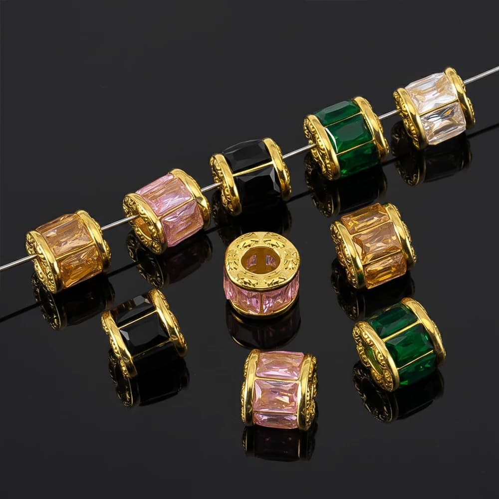 2 pz. Perline distanziatrici di lusso in acciaio inossidabile con zirconi colorati e foro grande per bracciali, ciondoli e materiali per la creazione di gioielli