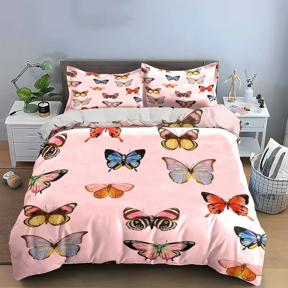Set di biancheria da letto decorativa con motivo a farfalla, con 1 copripiumino e 2 federe, singolo, matrimoniale, king, queen, regalo