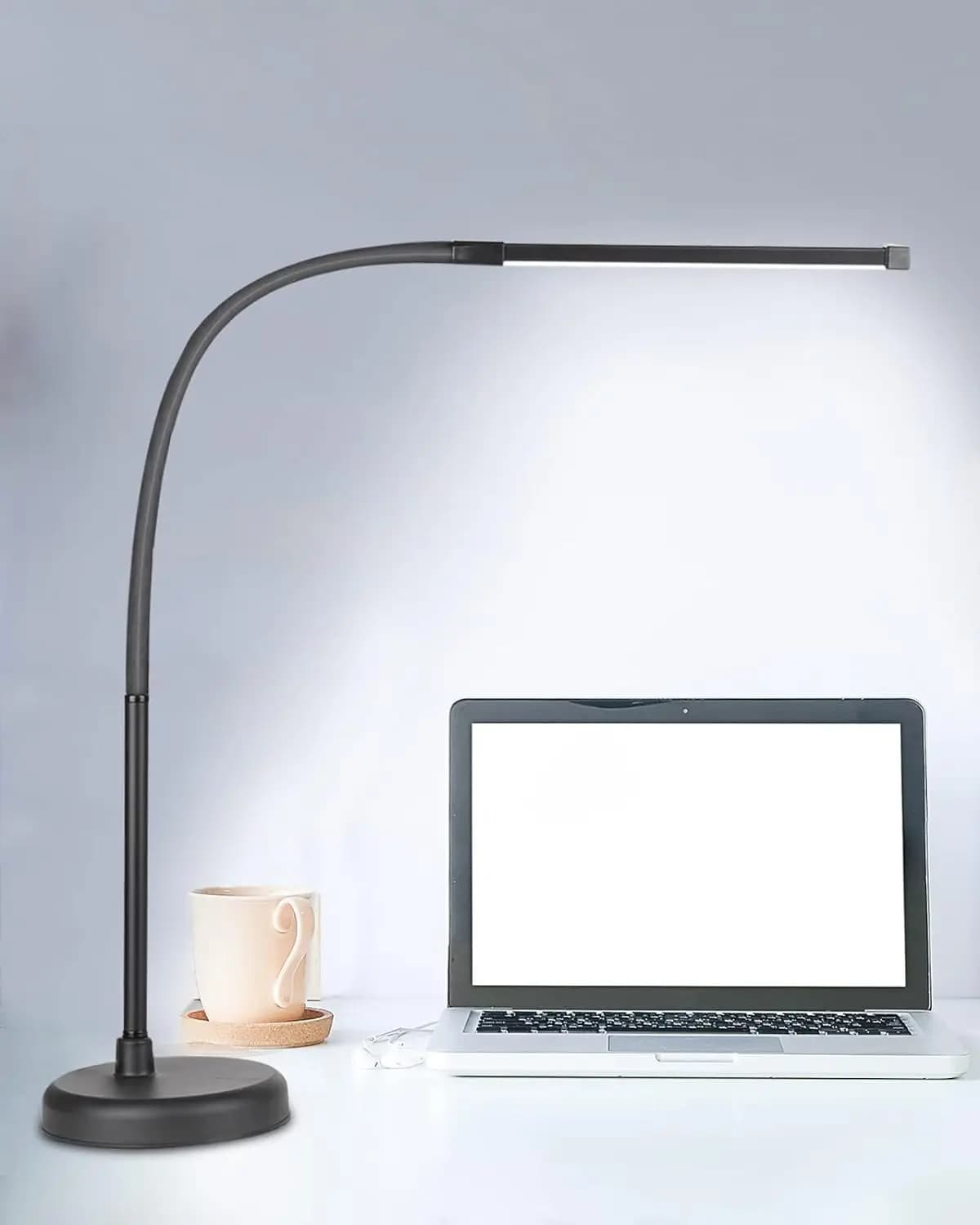 A LOOPITYS Lampada da scrivania a LED, lampada da lavoro per architetti con braccio oscillante con collo di cigno lungo e flessibile, 3 modalità colore e adattatore USB
