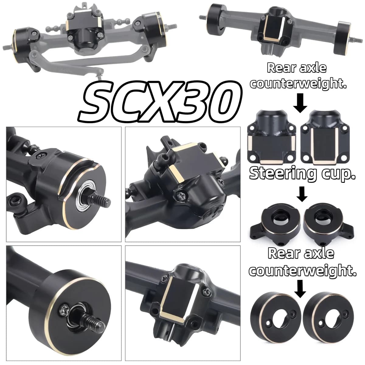 RC SCX30 Climbing Vehicle Accessories: Brass Weight Plates, Ford Bronco/Wrangler Front and Rear Bridge Covers, Black Gold.