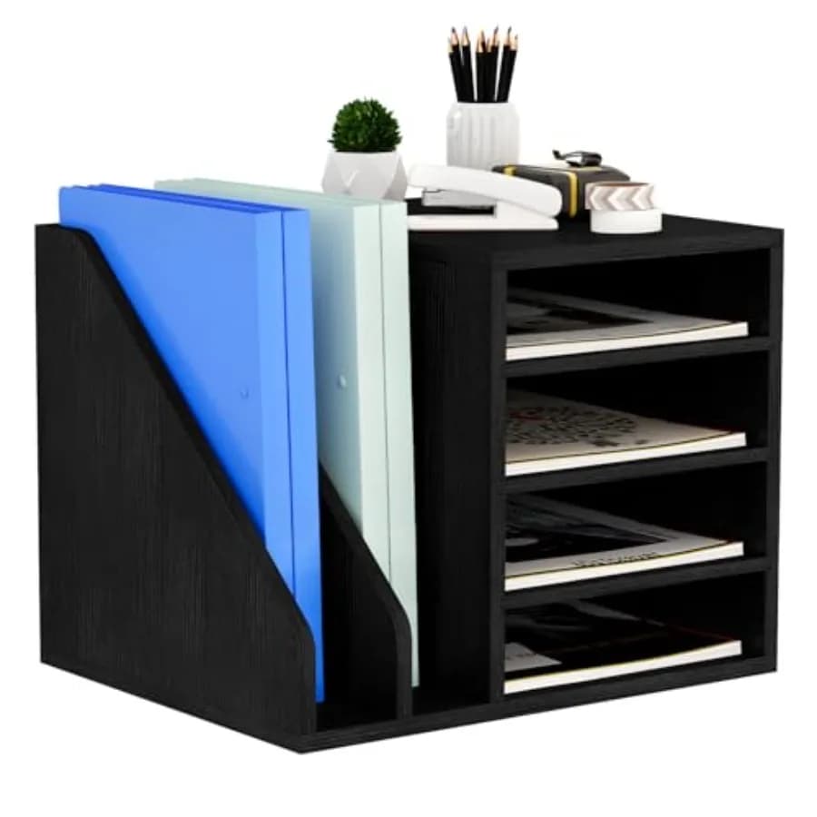 Organizzatore da scrivania in legno, porta documenti e cancelleria, organizer da banco con scomparti regolabili, organizer da scrivania per la classificazione dei documenti