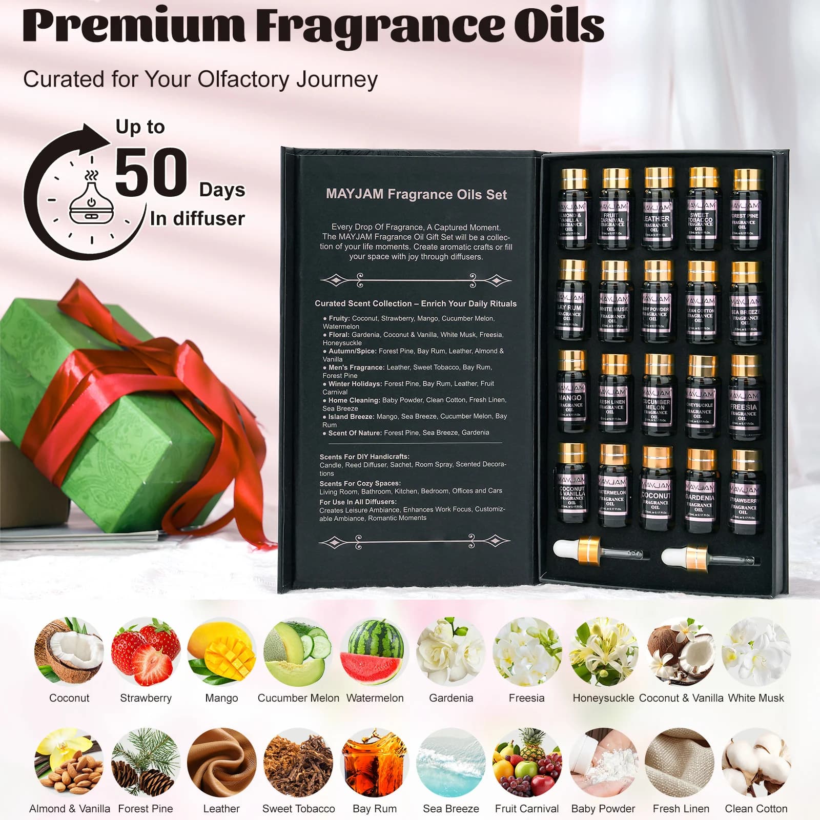 MAYJAM Set Regalo 20 Oli Profumati per Diffusori e Profumi: Cocco, Vaniglia, Brezza Marina, Talco per Neonati, Fresia, Mango