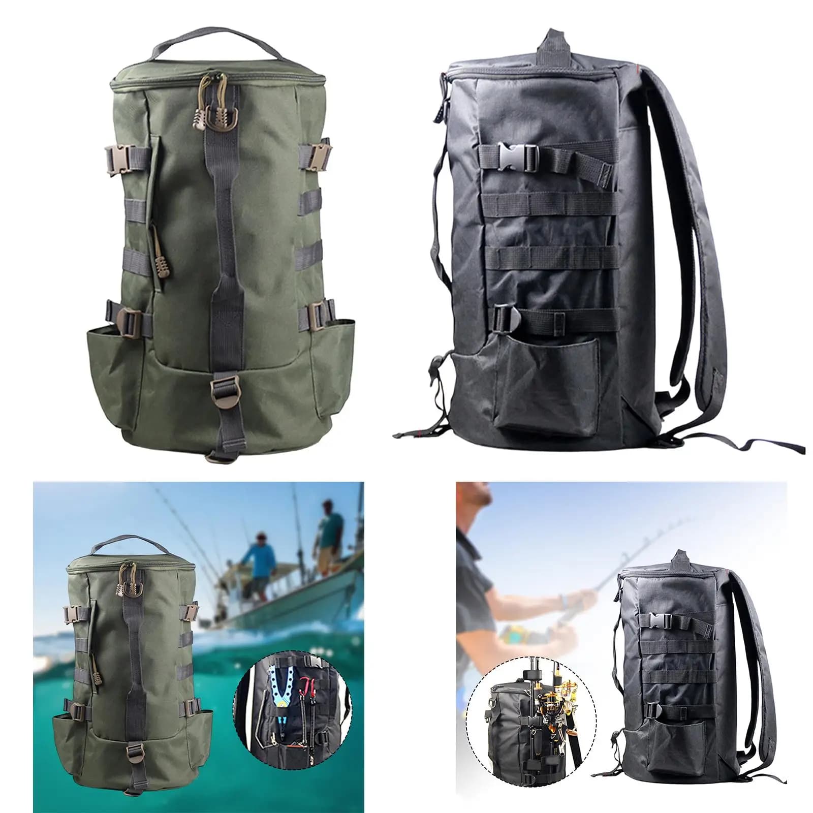 Zaino per Attrezzatura da Pesca, con Portacanna, Borsa Cilindrica per Canne da Pesca e Accessori, Ideale per Escursionismo