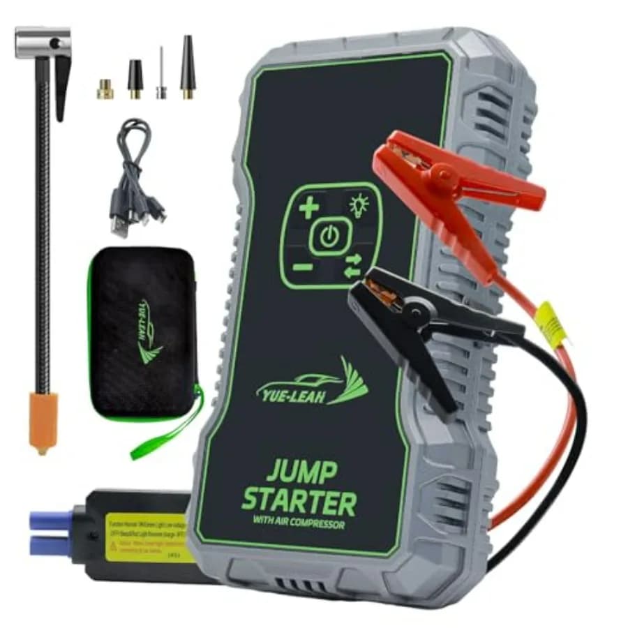 Avviatore di Emergenza Portatile 1000A con Compressore d'Aria per Batterie al Litio 12V, Cavi di Avviamento Rossi, Supporta Motori a Benzina 6.0L e Diesel 3.0L