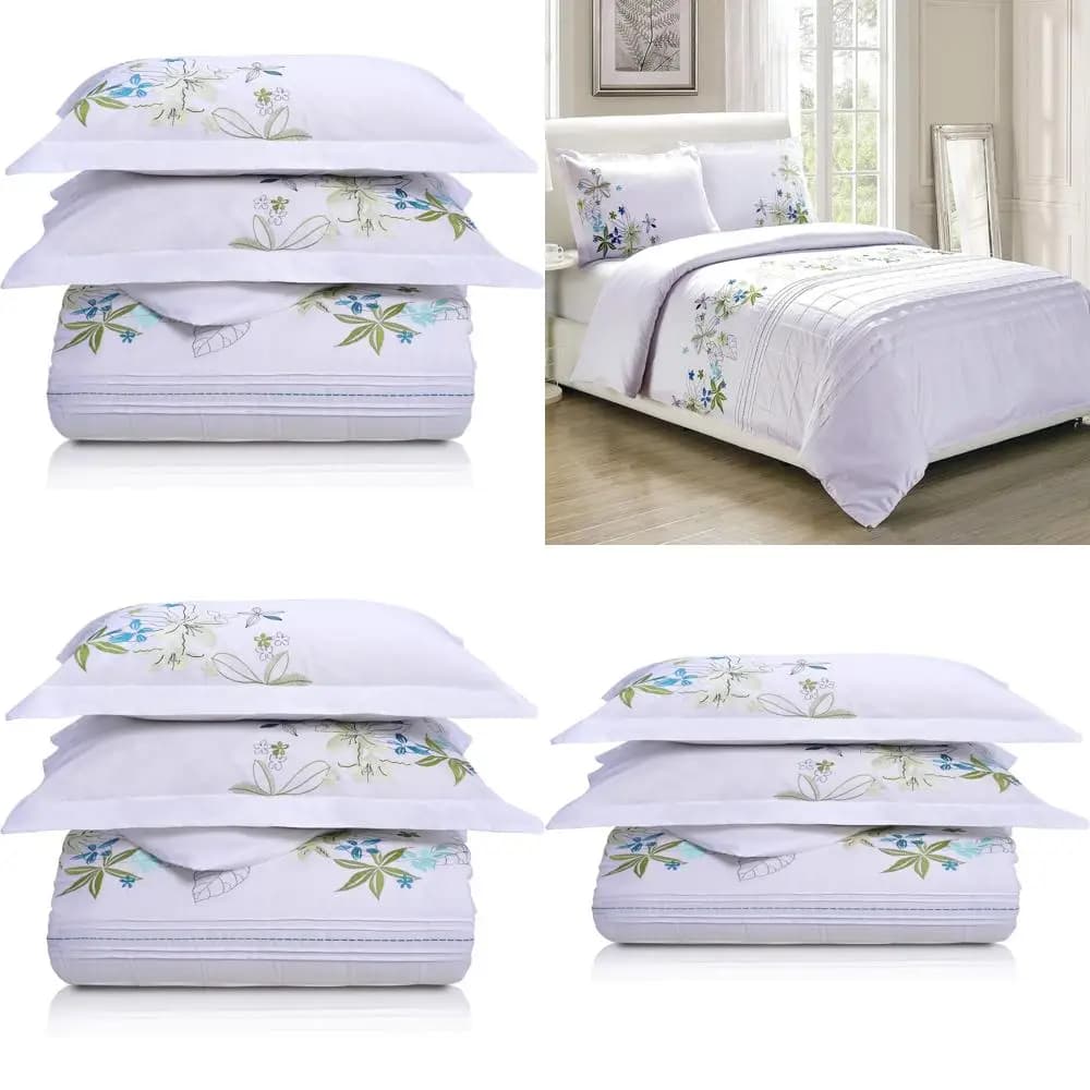 Set copripiumino ricamato in cotone con chiusura a bottone, 1 copertina king e 2 ripiani, design floreale primaverile, bianco