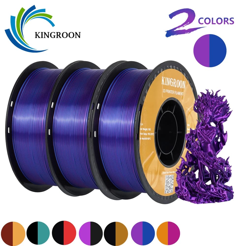KINGROON Filament PLA of bicolor silk 1,75 mm 2 colors Construction Polished Filament for 3D PLA printer, 3 kg/packing 1 kg each coil