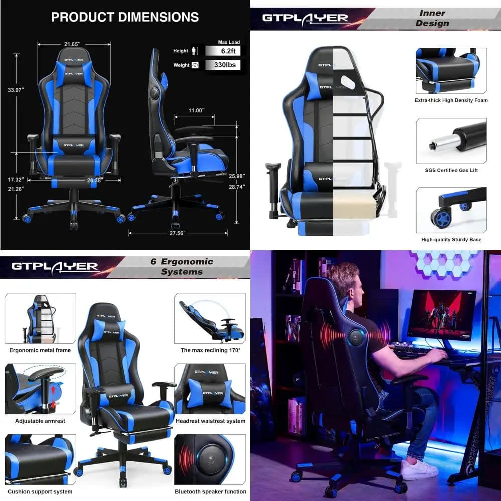 Sedia da Gaming Ergonomica Bluetooth con Poggiapiedi e Altoparlanti, Design Robusto per un Comodo Utilizzo al Computer