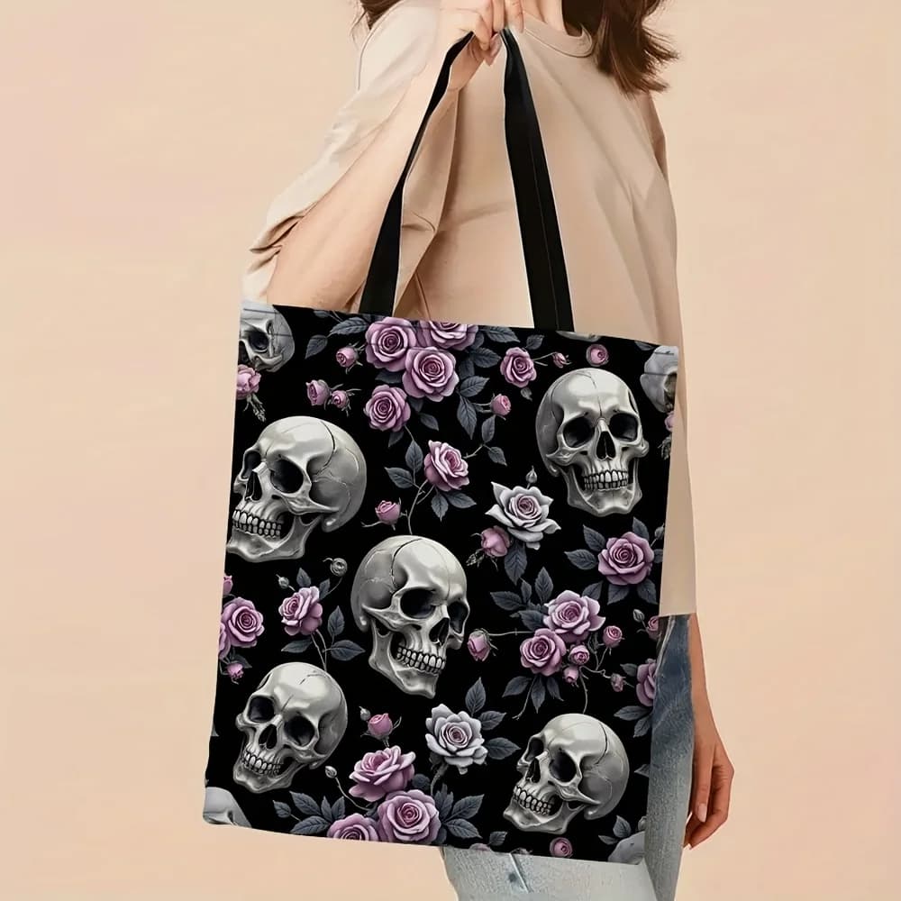 1 borsa tote con teschio floreale rosa gotica – Elegante borsa a tracolla riutilizzabile per lo shopping, nera con rose rosa e teschi bianchi