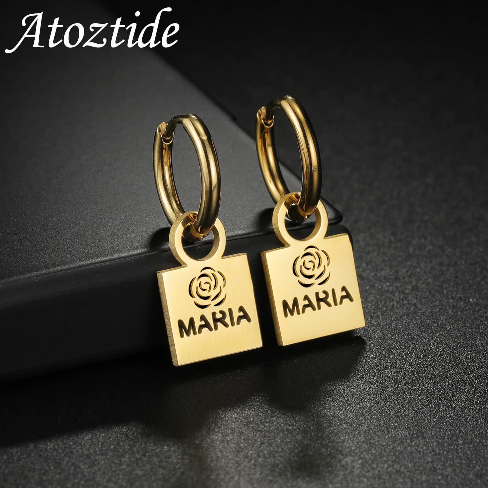 Atoztide Personalized Custom Hollow Heart Name Earring Stainless Steel For Women Girl Fashion Eardrop Birthday Jewelry Gift