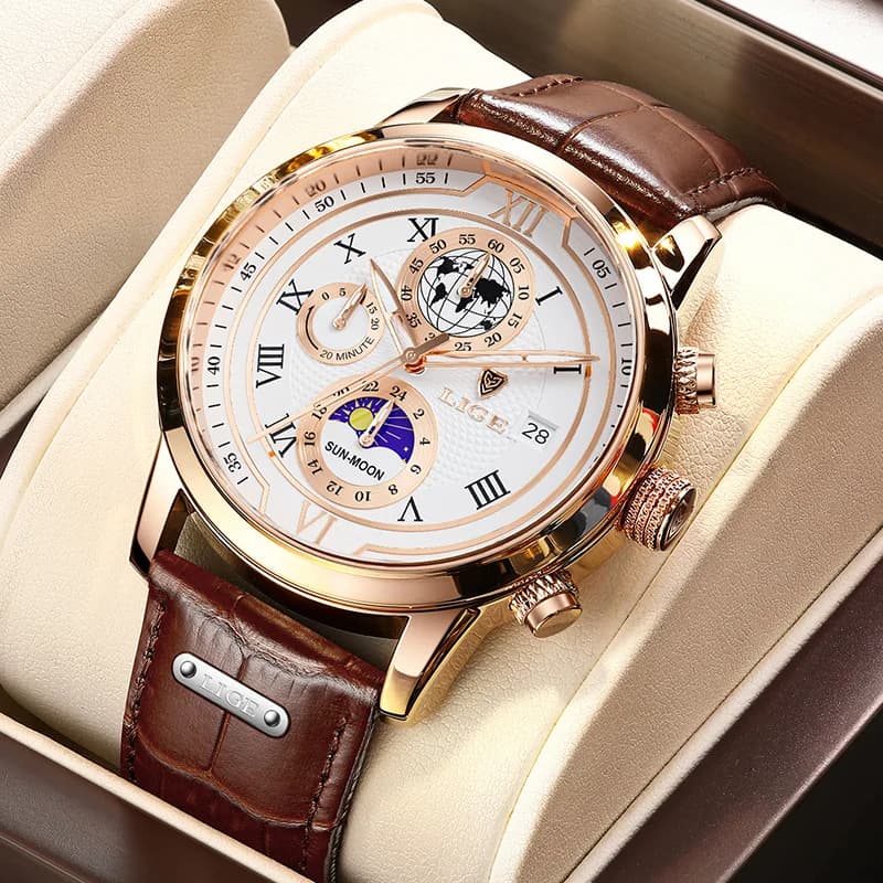 LIGE New Luxury Men Watches Waterproof Moon Phases Quartz Watch For Men Business Casual Man Date Chronograph Relogio Masculino