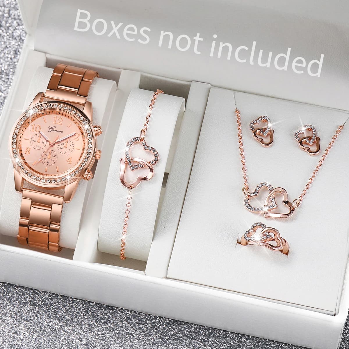 6 pezzi/set orologio da donna moda strass cinturino in acciaio inossidabile orologio al quarzo doppio cuore set di gioielli (senza scatola)