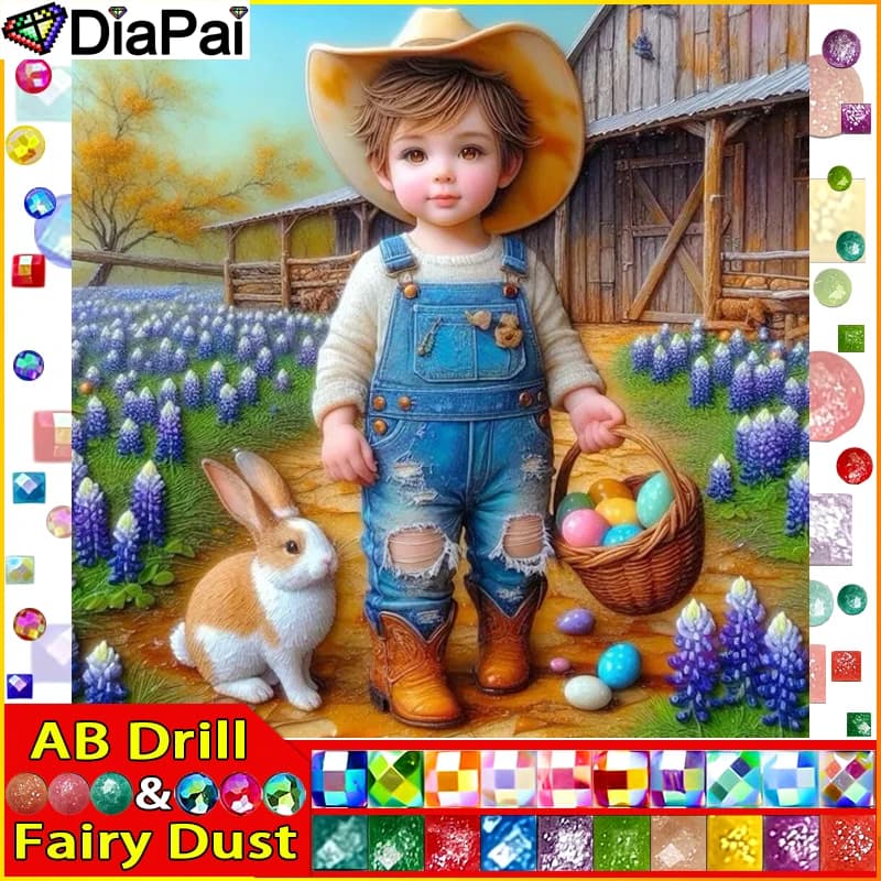 DIAPAI Fairy Dust AB Diamond Painting Full Square/Round Drill 5D fai da te "Boy Bunny Flower" Daimond ricamo strass punto croce