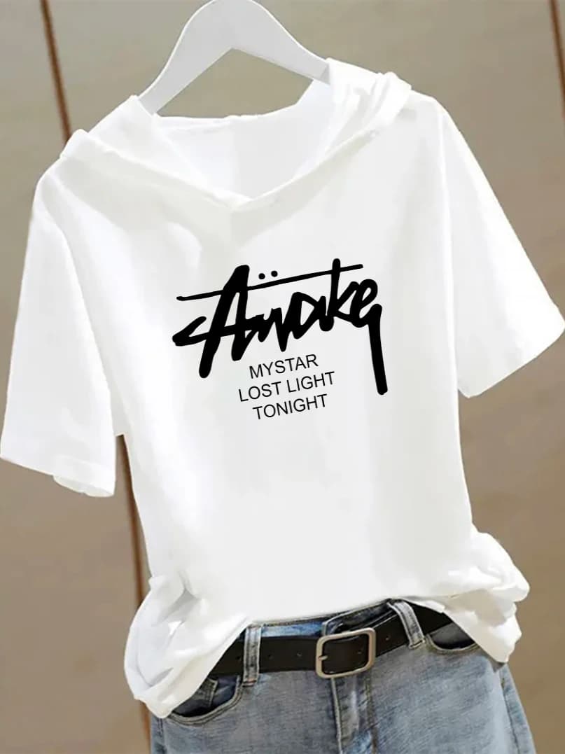 Summer Casual Style Women's T-shirt Pure Cotton Short Sleeve Printed Hoodie Fashionable Versatile Loose Fit Cotton Tee Shirt