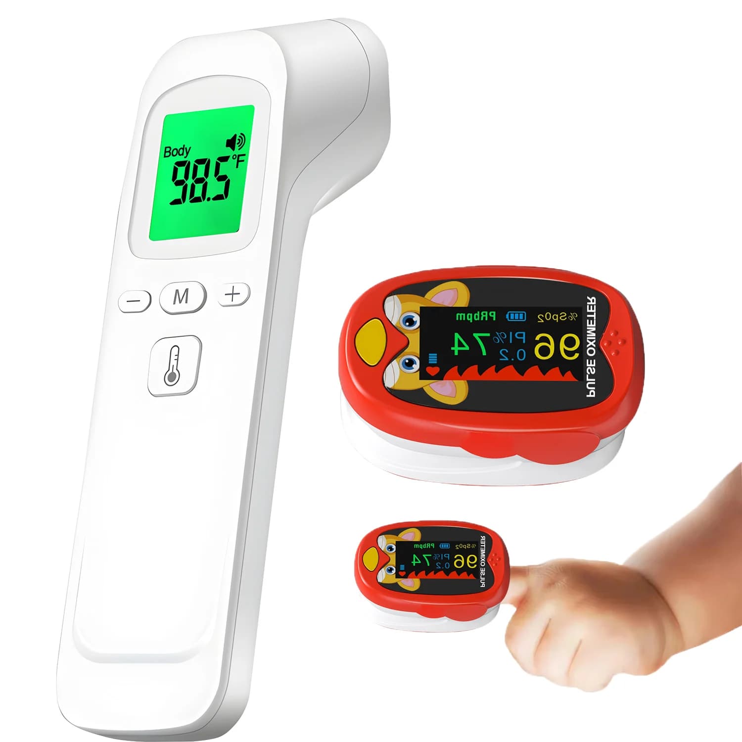 USB Kids Finger Oximeter Or Non Contact Infrared Forehead Thermometer Digital LCD Fever Detector Heart Rate SpO2 Monitor