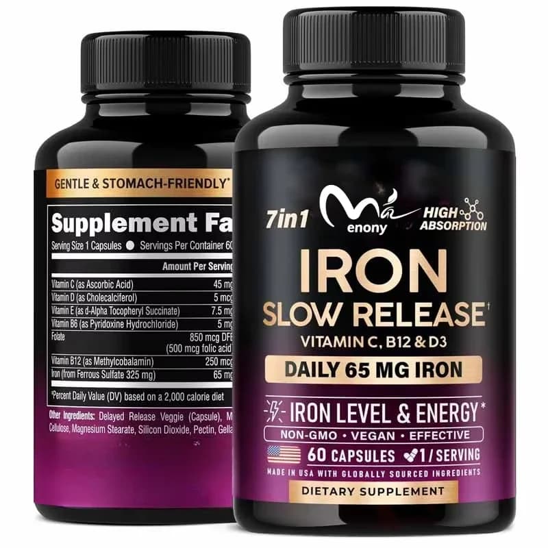 Iron supplement for women -65 mg of iron, high absorption, suitable for the stomach -60 capsules of vitamin C, D3, B6, B12, and folic acid