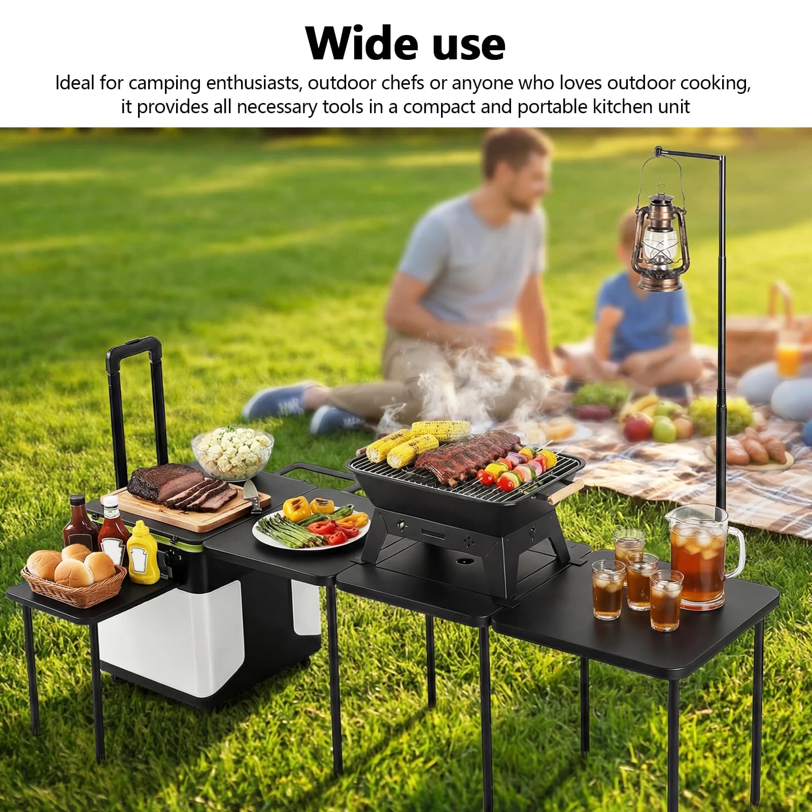 Tavolo da Cucina Pieghevole con Ruote, Stazione di Cucina Portatile da Campeggio con Supporti per Luci, per Picnic, Feste, Spiaggia, Barbecue e Cucina all'Interno