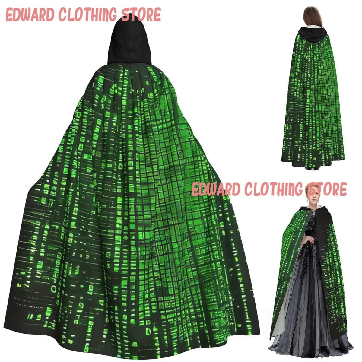 Dynamic Matrix Binary Code Long Hooded Cloak Witch Medieval Costume Cosplay Cape HalloweenParty Adult Unisex