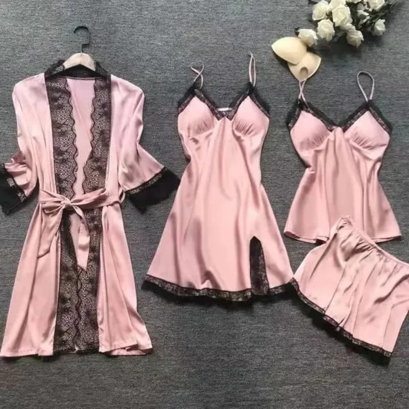 Set Pigiama 4 Pezzi in Seta per Donna, Camicia da Notte con Pizzo, Vestaglia, Abbigliamento da Notte in Seta Tinta Unita