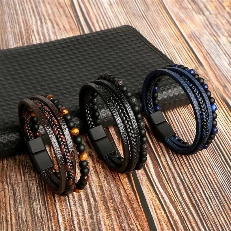 Bracciale in pelle da uomo bracciale in pelle multistrato con perline occhio di tigre di moda classica per regalo di gioielli da uomo