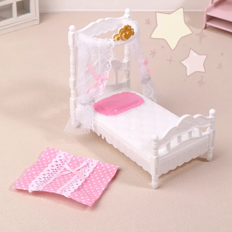 Set letto a baldacchino principessa in miniatura per casa delle bambole in scala 1/12 con lenzuolo e zanzariera Mobili per camera da letto Decorazioni per la casa delle bambole