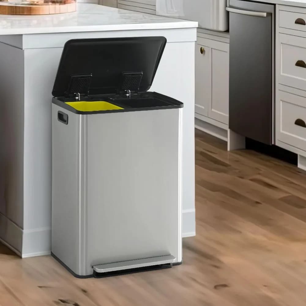Dual Trash Can with Lid, Trash and Recycling Bins Combo for Kitchen, Hands-Free Stainless-Steel Garbage Can with 2 Compa