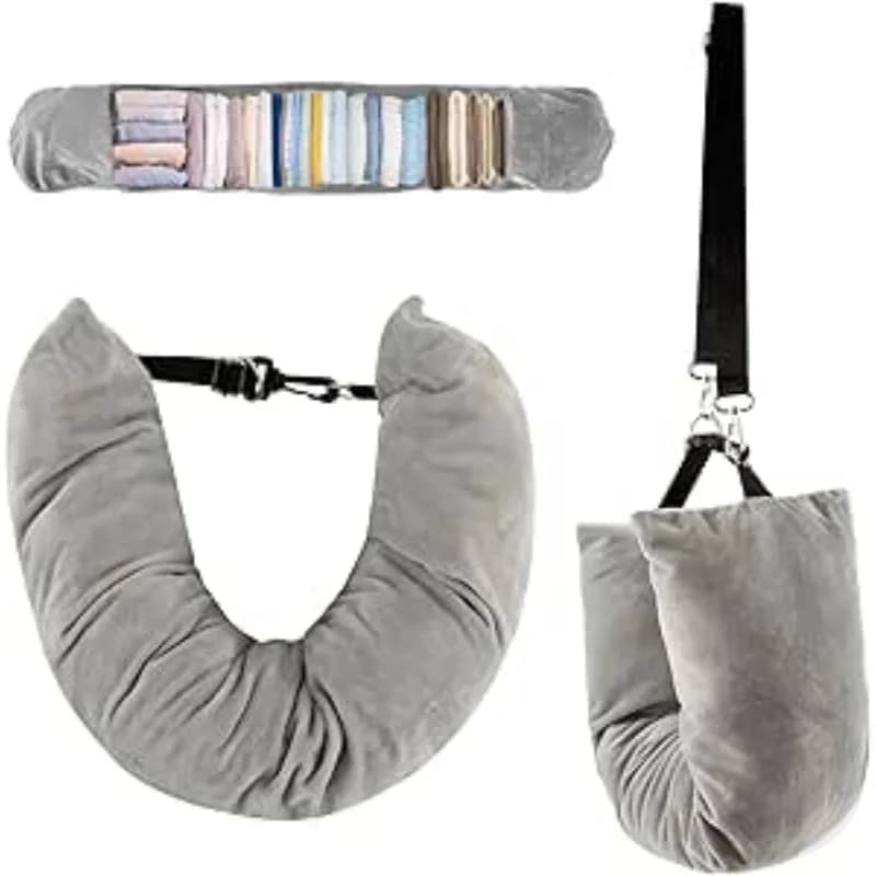 New portable travel pillow Comfortable cervical pillow Airplane neck Fillable clothes The outdoor pillow can contain a storage bag 1Grigio