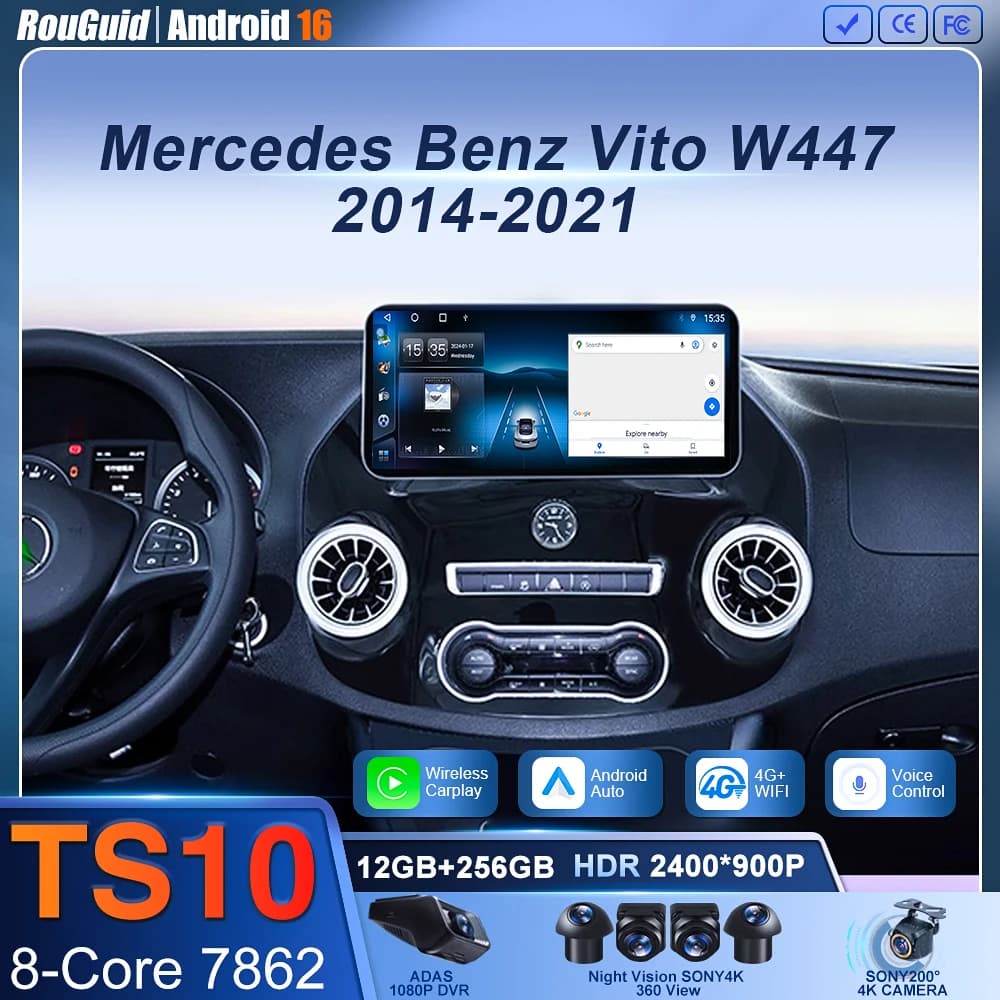 Schermo multimediale da 12,3 pollici per Mercedes Benz Vito W447 2014-2021, wireless, Android 16, Bluetooth, Carplay, 4G, autoradio.