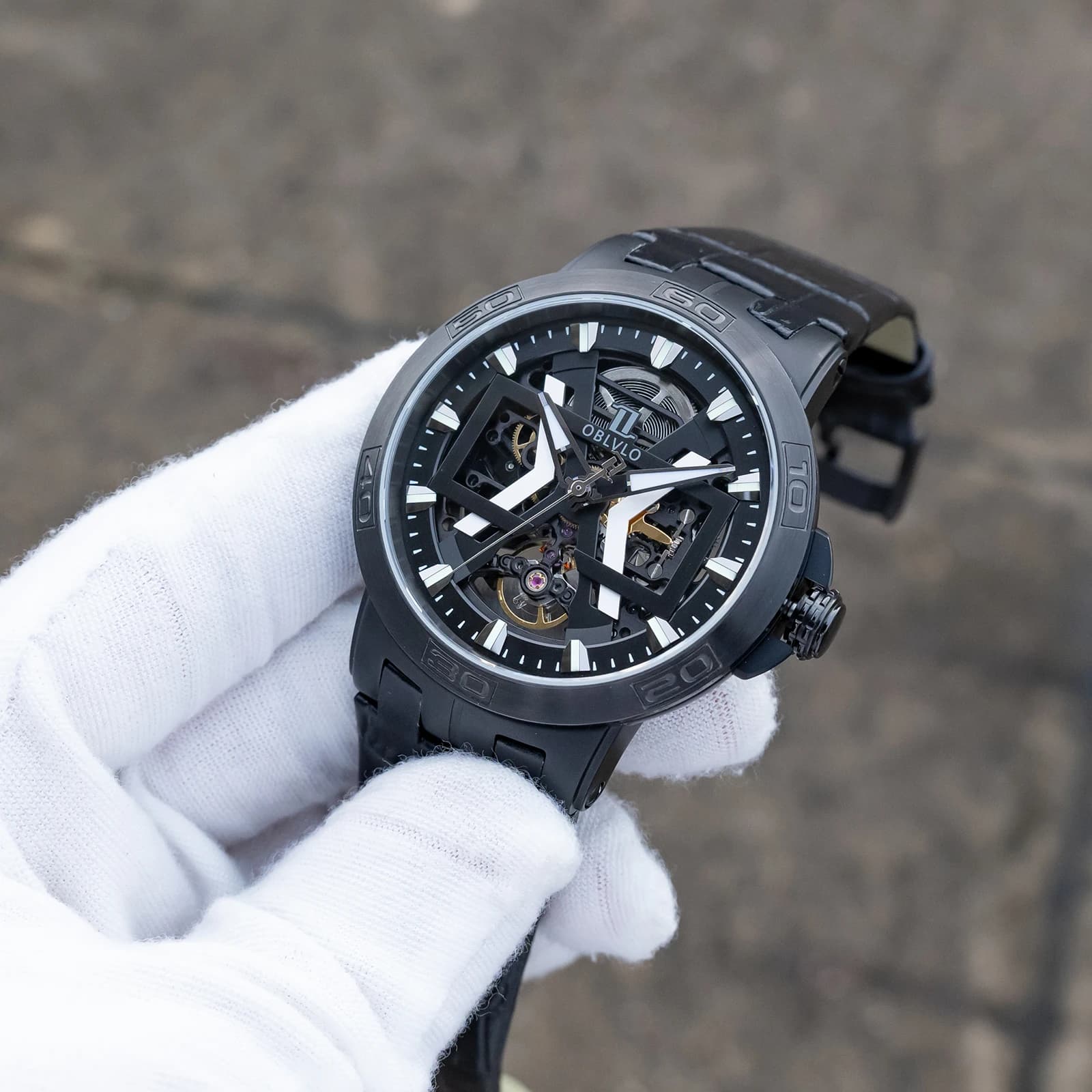 OBLVLO Men's Blue Skeleton Automatic Watch Luminous See-through Mechanical Movement Waterproof Leather Military Style