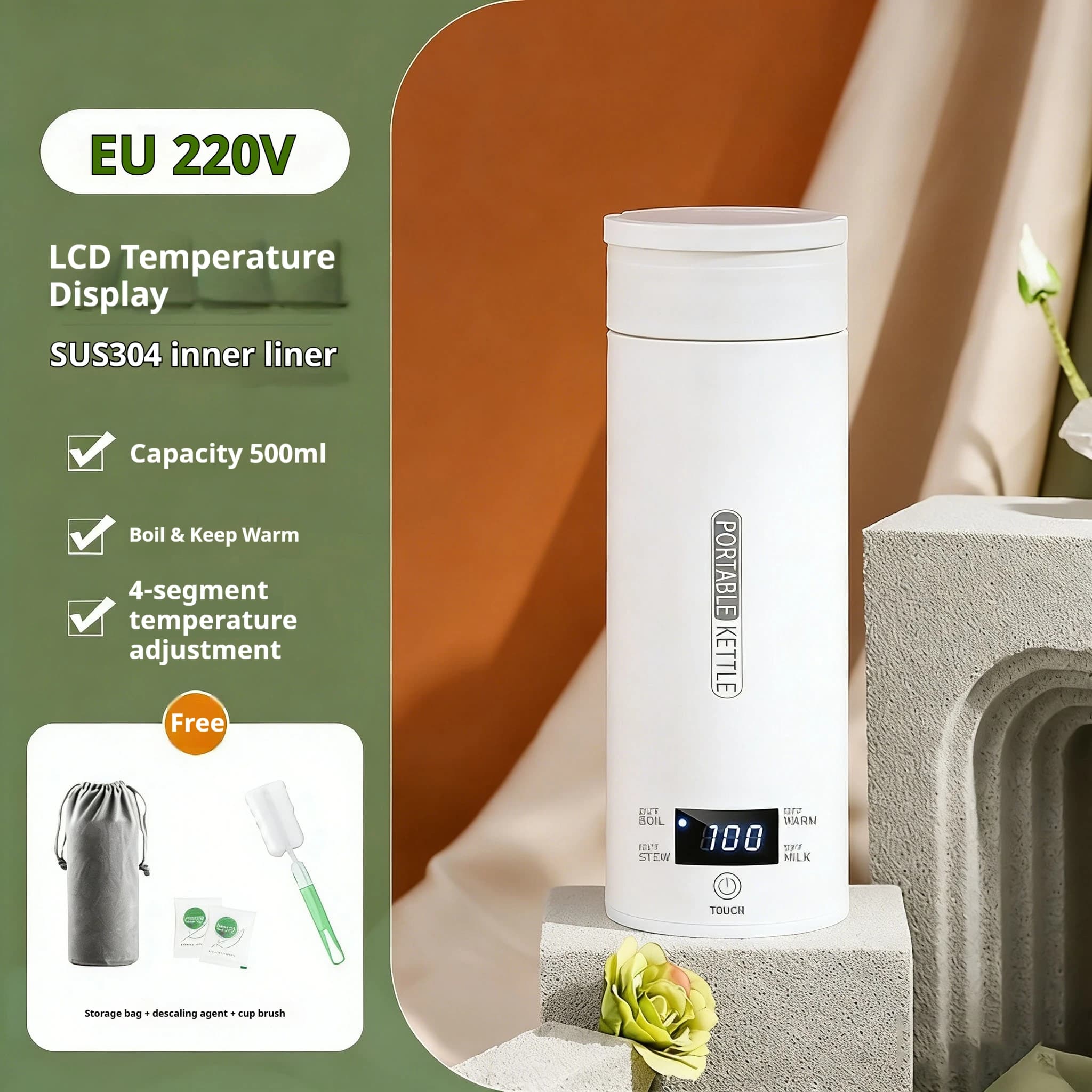 Bollitore Elettrico Portatile da 450ML per Tè e Caffè, Tazza Termica da Viaggio, Bottiglia d'Acqua Anti-Scottatura con Menu in Inglese