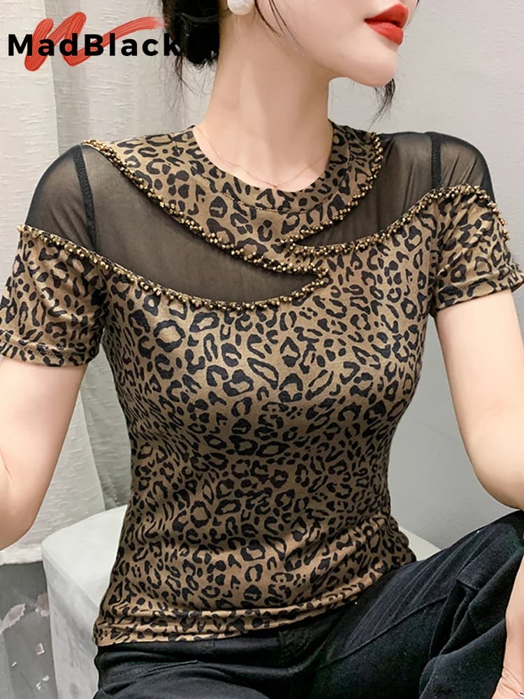 MadBlack Summer European Clothes t-shirt donna O Necks Mesh Patchwork Diamonds Slim top manica corta Elastic Tees T34524C