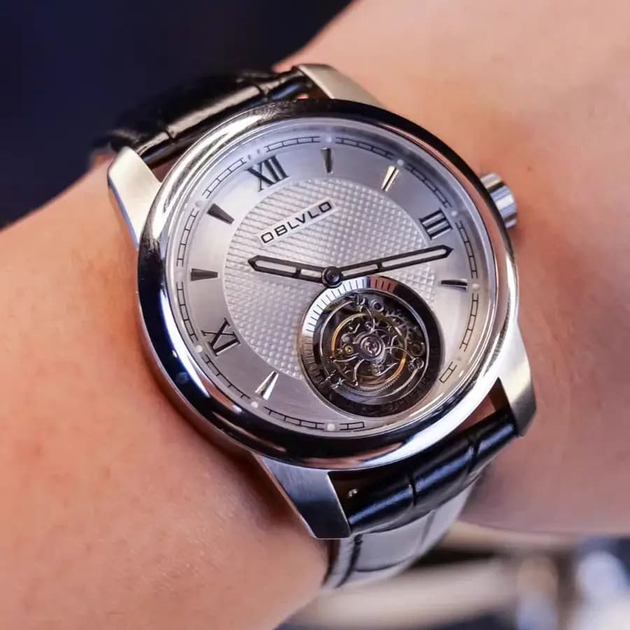 OBLVLO Men Automatic Watch 42mm Tourbillon Mechanical Wristwatch Waterproof Sapphire Skeleton Butterfly Clasp